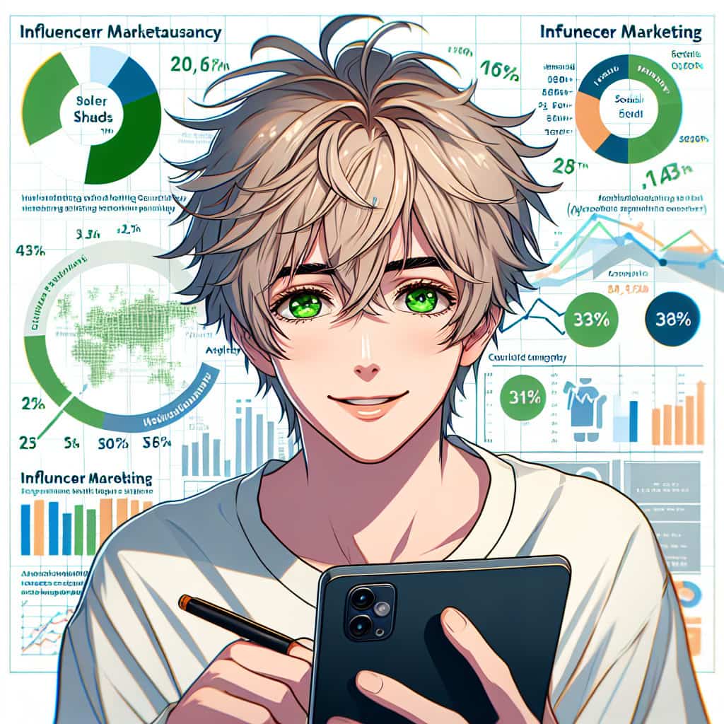 imagine in anime seraph of the end like look showing an anime boy with messy blond hair and green eyes working in influencer marketing beratung